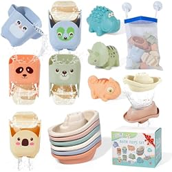 Baby Bath Toys for Kids Ages 1-3, 14 Pack Mold Free Bath Toys Toddlers 2-4 Bathtub Toys with Floating Boats&Cups and No Hole Bath Toy for Babies 6-12 Months Gifts for Boys & Girls