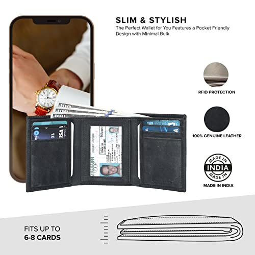 Image of Tri fold Leather Wallet for Men with RFID | Slim Wallets for Men with 1 ID and 6 Credit card slots | Front Pocket Minimalist