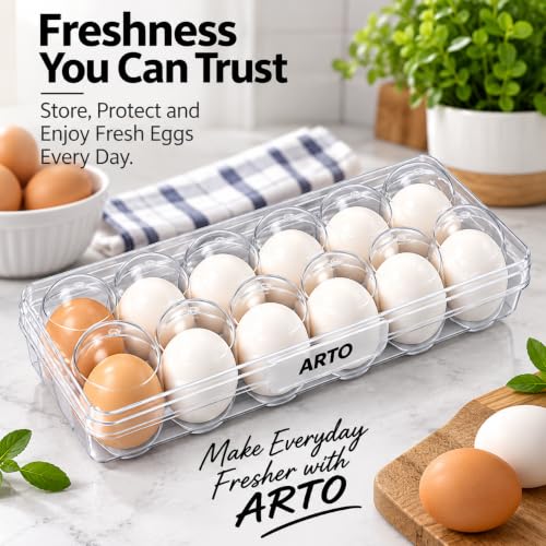 Image of ARTO Clear Egg Trays for Refrigerator Organization - Stackable Egg Holder & Plastic Storage Container - Durable Dishwasher Safe Egg Carton Replacement - Kitchen & Fridge Organizer (Set of 2)
