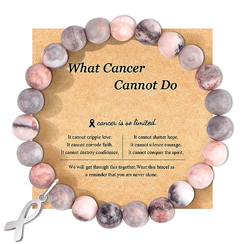 Breast Cancer Bracelets Natural Stone Bead Ribbon Inspirational Awareness Bracelets Encouragement Handmade Gifts for Women Girls Best Friend Sister