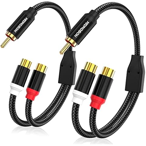HOSONGIN RCA 1 Male to 2 Female Audio Splitter Cable, 2 Pack, Dual Shielded with 24K Gold-Plated Connectors, Ideal for Subwoofer, Amplifier, Home Theater, TV, and Car Audio, 12 Inches Cover