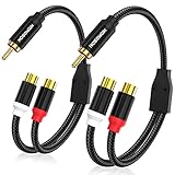 HOSONGIN 1ft RCA Splitter 1 Male to 2 Female Y Adapter 2 Pack, Short RCA Audio Speaker Splitter Cable, Double Shielding Black Nylon Braided Cable - Gold-Plated Plug - Length 12 Inch