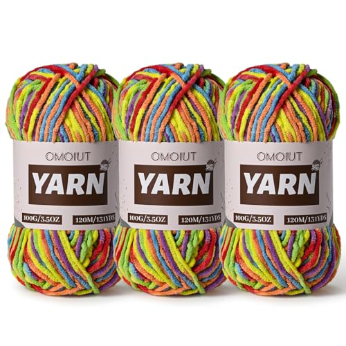 Image of 3 Packs Plush Chenille Chunky Crochet Yarn - Baby Yarn for Crocheting Soft - Velvet Yarns Knitting for Blankets Crafts - Fluffy Amigurumi Yarns 300g / 393yd (3 Rainbow)