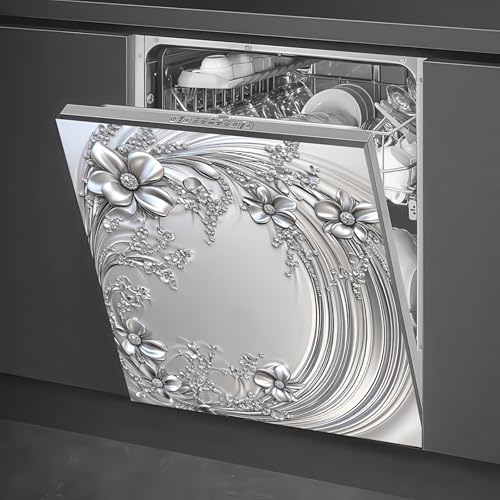Image of HOMETITUTE Silver Floral Magnetic Dishwasher Cover 23x26 Inch Embossed Flower Panel Dishwasher Magnet Sticker Decorative Appliance Wrap for Kitchen Refrigerator Door Fridge Decoration