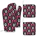Os Croisés De Coeur De Crâne Noir Gants De Four, sous-Verre Isolé, Gants De Four À Manches Longues pour La Cuisson Au Four À Micro-Ondes Ensemble De 4 Pièces 14X30cm