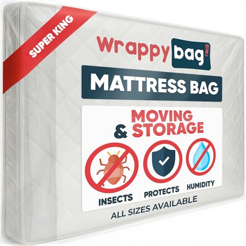 WRAPPYBAG – Mattress Cover for Moving – Heavy Duty Mattress Cover – Waterproof Plastic Bag Protector for Moving House, Storage & Transport – Super King Size