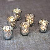 Luna Bazaar Vintage Mercury Glass Candle Holders (2.5-Inch, Lila Design, Liquid Motif, Silver, Set of 6) - For Use with Tea Lights - For Parties, Weddings, and Homes - Mercury Glass Votive Holders