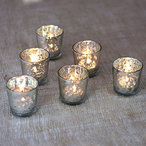 Luna Bazaar Vintage Mercury Glass Decorative Vase or Candle Holder for Tea Lights or Votive Candles (2.5-Inch, Lila Design, Silver, Set of 6) - Wedding Centerpiece, Party and Home Decorations