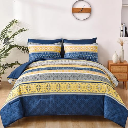 WONGS BEDDING Boho Comforters Set Queen, 7 Pieces Navy Blue and Yellow Comforter Sets Bohemian Bed in a Bag Striped Comforter Set Soft Microfiber Paisley Floral Comforter and Sheet Set for All Season
