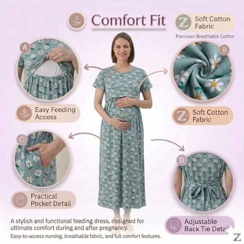 Image of Zero Clothing Feeding Dress for New Moms Casual Loungewear Ankle Length | Cotton Maternity Nighty | Zipless Feeding Dresses for Women | Pregnancy & Nursing Wear