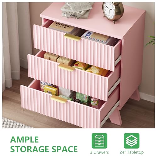 Image of Xixini Fluted Dresser for Bedroom with 3 Drawers, 24 inch Wide Modern Chest of Drawers with Metal Handle, Wooden Dresser TV Stand, Wood Closet Clothes Storage Organizer for Living Room, Hallway, Pink