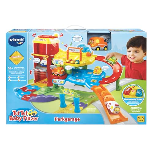 VTech Baby Flitzer - Parkgarage – Interaktives Spielzeug mit Abschleppwagen, Aufzug, Rutsche, Tankstelle u. v. m. – Für Kinder von 1-5 Jahren