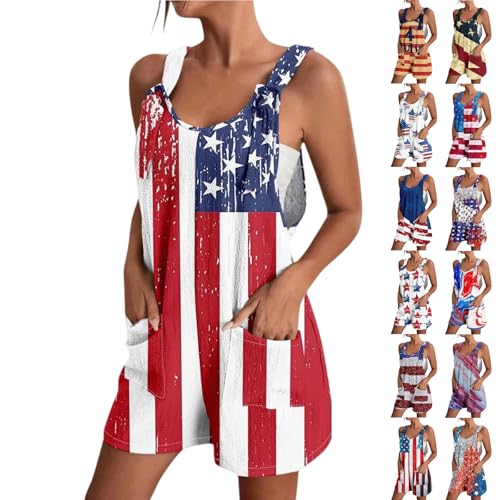 LVOFTJU Fourth of July Outfit Women American Flag Overalls Women Red White And Blue Outfits For Woman Forth Of July Outfits USA Patriotic Rompers Shorts Festival Jumpsuits Work Bibs L