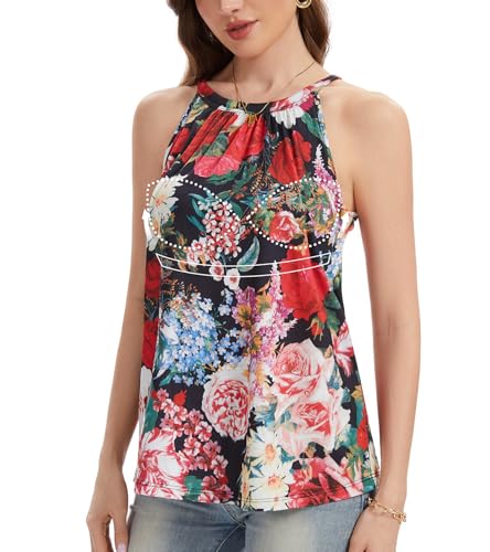 Image of Women Halter Tank Top with Built in Bra Flowy Sleevless Padded Camisole Loose Fit Summer Shirt Top S-3XL