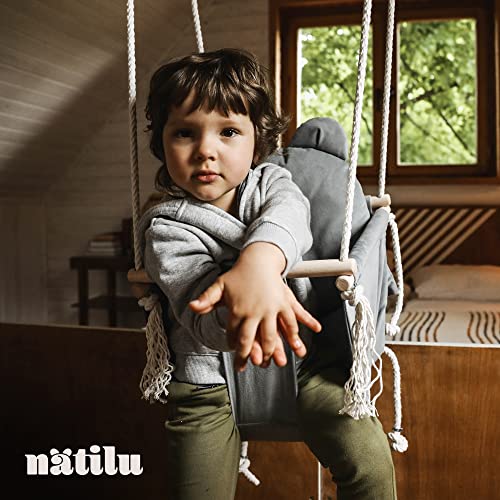 NATILU® Babyschaukel Set mit Sicherheitsgurt Haken Ringe Bär Grey Velvet | Schaukel Baby Indoor Outdoor | Kinderschaukel… – Bild 3