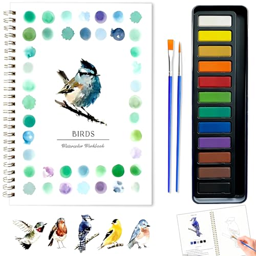 VRSHMB Watercolor Workbook for Beginners Multi-Theme Designs with 12-Color Palette and 2 Brushes Professional Bleed-Resistant Paper Suitable for Adults and Kids Gift Watercolor Book (Birds)