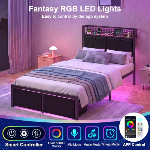 Twin Bed Frames with 2 Drawers, Platform Bed with LED Lights & Charging Station, Upholstered Headboard with Storage Shelve, Noise Free, Metal Slats Support, No Box Spring Needed - Image 4