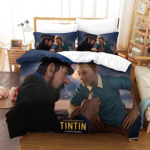 YINGD The Adventures of Tintin - Juego de funda de edredón con estampado 3D, póster de película, cierre de cremallera, juego de funda de edredón de 3 piezas para dormitorio, 220 x 240 cm