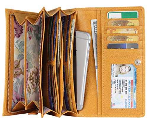 Image of Women's Top Grain Leather Wallet, RFID Blocking Bifold clutch, 17 Card Slots, Zip Pocket Organizer, Elegant Gift for Women - Birthday, Valentine, Anniversary - LIGHT YELLOW
