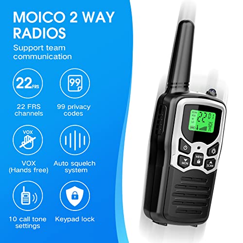 Image of Walkie Talkies with 22 FRS Channels, MOICO Walkie Talkies for Adults with LED Flashlight VOX Scan LCD Display, Long Range Family, Radios for Hiking Camping Trip (Silver, 4 Pack)