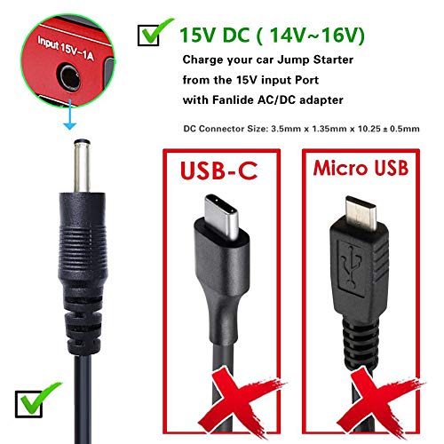Fanlide Dc 15V 1A Adapter Charger For Car Jump Starter, Peak 450A 500A 600A 800A 1000A Auto Battery Booster Jump Starter Charger #TOP3