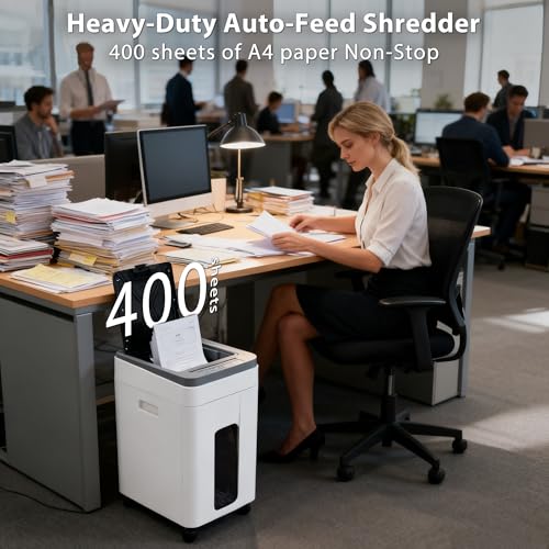 Trishintage Heavy Duty Paper Shredder: 400-Sheet Auto Feed P5 Micro-Cut Document Credit Card Shredding with Jam-Proof Design for Home Office Business School