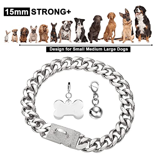 Silver Chain Dog Collar with Diamond Buckle Bell & Bone Tag 15mm Stainless Steel Chain Collars Cuban Link Dog Collar Designer Bling Puppy Necklace (15mm, 24″) Silver Chain Dog Collar with Diamond Buckle Bell & Bone Tag 15mm Stainless Steel Chain Collars Cuban Link Dog Collar Designer Bling Puppy Necklace (15mm, 24″)
