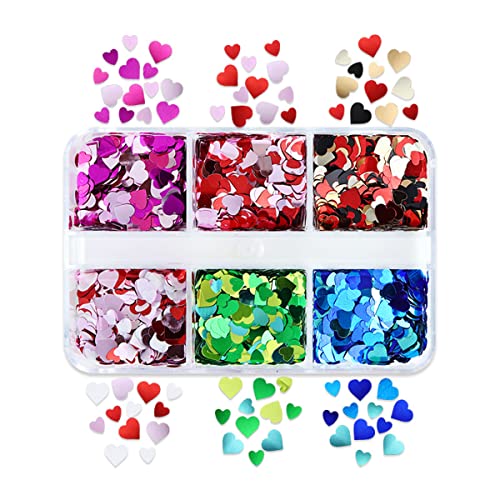 3D Heart Nail Art Glitter Sequins Laser Valentines Love Nail Flakes Red Black Gold Sparkly Holographic Heart Nail Sequins For Women Diy Acrylic Nails Decorations Craft 6 Grids #TOP4
