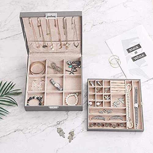 Bewishome Jewelry Box For Women Earring Organizer Box- 6 Necklace Hooks, 2 Layers - Jewelry Boxes Display Storage Case Jewelry Holder For Girls Grey #TOP5