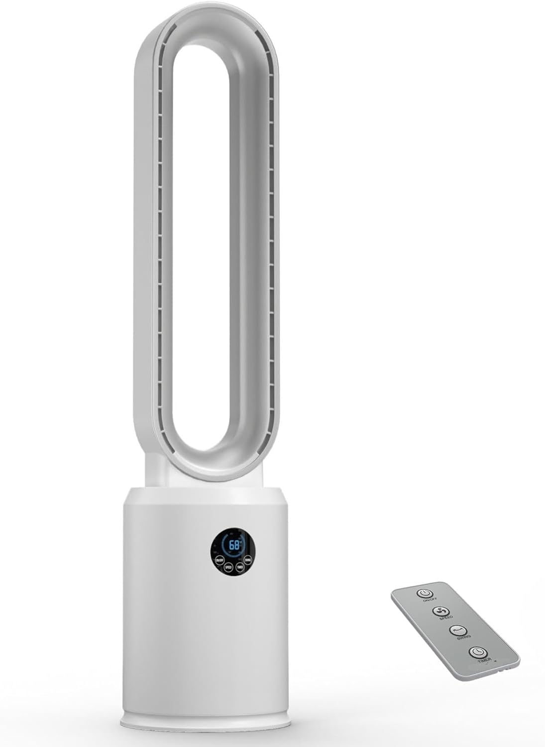 EZ-CHILL 40" Bladeless Tower Fan for Bedroom with Remote Control, 9H Timer, Wide Area Oscillation, Push Button Digital Display, 3 Speed Home Floor Fan, White/Silver