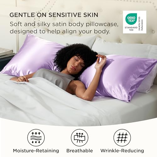 Image of Bedsure Body Pillow Cover 20x54 Inches - Lavender Satin Similar to Silk Pillowcase for Hair and Skin, Cooling and Silky Long Body Pillow Pillowcase with Envelope Closure, Gifts for Women Men