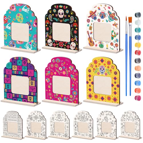 Vercraft 24 Sets Wood Day of The Dead Picture Frame Craft Kits for Color Your Own Wooden Dia De Los Muertos Altar Coloring Picture Frame for Day of The Dead Gift Tabletop Home Party Decorations