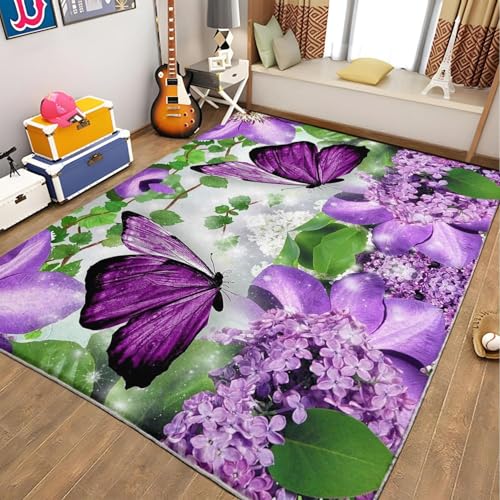 Tapis fleurs et papillon 3D lavable en machine à poils ras doux