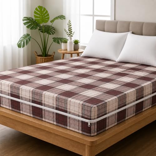 Image of Premium Cotton Printed Mattress Cover /Protector with Zipper Chain|Provides All Around Protection with 360 Encasing |Single Size Bed - 72x36+6 inches (6 x 3 Feet Mattress) - Mocha Check