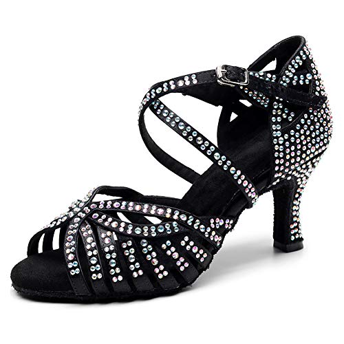VCIXXVCE Satín Zapatos Danza Latina Diamante de Imitación Punta Abierta Negro Zapatos de Baile Salsa Salón Tango Social para Mujer,40 EU Cover