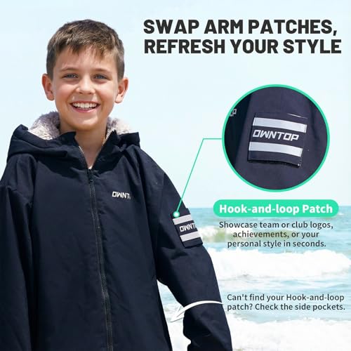 Owntop Wasserdichter Wickelmantel für Erwachsene - Winddichte Kapuzenmantel mit Sherpa-Fleece-Futter | Individueller Klettpatch | Übergroßer Wärmemantel für Schwimmen Surfen Strand (Schwarz,M)
