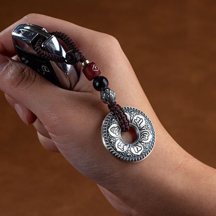 ENGENDER Llavero de Coche Llavero Colgante de Plata Maciza con Seis Palabras, Mantra, corazón, Sutra, Hebilla la Paz, Regalo, joyería, Mochila, decoración for Llaves