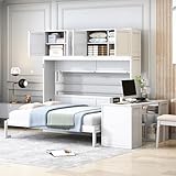 Queen Horizontal Murphy Bed with Desk and Storage Bookcase Shelves,Pine Wood Murphy Wall Bed with Storage Shelves and Desk,for Adults (White)