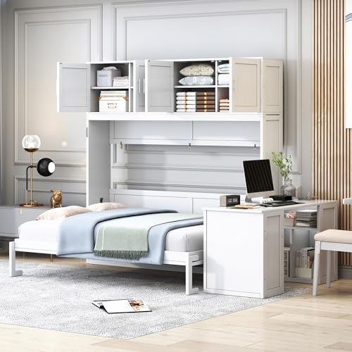 Queen Horizontal Murphy Bed with Desk and Storage Bookcase Shelves,Pine Wood Murphy Wall Bed with Storage Shelves and Desk,for Adults (White)