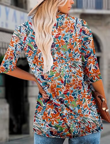 KISSMODA Tunic Tops for Women Loose Fit Dressy Round Neck Pleated 3/4 Length Sleeve Spring Tops