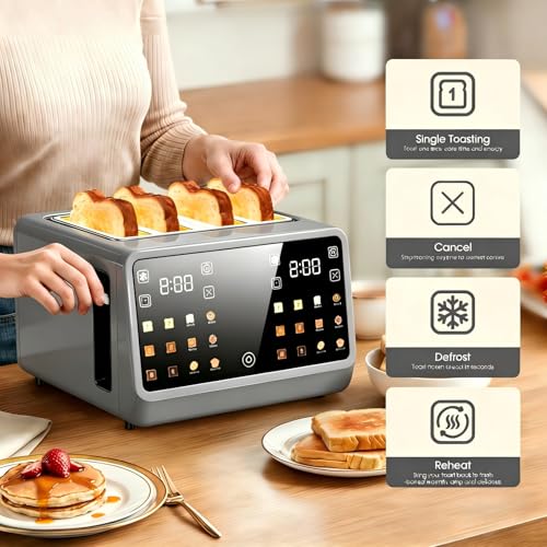 Image of 4 Slice Toaster Wide Slot with Dual Digital Touchscreen, 1800W Smart Toaster Stainless Steel Independent Control Panel, Single Slot Mode Timer for Bagels Bread, 6 Toast Shades