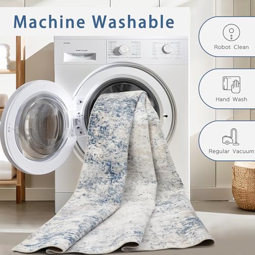 Washable Rugs 8x10 Area Rugs for Living Room,Modern Abstract Rugs for Bedroom,Large Carpets,Ultra Soft Faux Wool Retro Dining Room Rug,Non Slip&Non-Shedding Low Pile Print Rug- Blue Beige