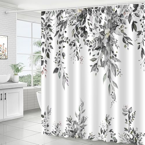 Image of Eucalyptus Shower Curtain, Abstract Aesthetic Art Watercolor Plant Leaves with Floral Bathroom Decor, Waterproof Fabric Cloth Bath Curtain Set with Hooks (Dark Gray, 72x72 Inches)