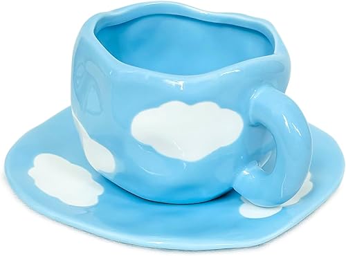 Bonita taza de café con platillo, taza de té de cerámica, tazas de café únicas para mujer (cielo azul y nubes blancas)