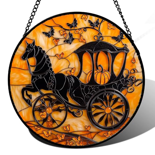 Image of Stained Glass Window Hanging - Halloween Pumpkin Carriage Suncatcher for Doors Window Garden Indoor Spooky Funny Orange Sun Catchers Gothic Decor Horror Gifts for Women Men Friend 6.3 in