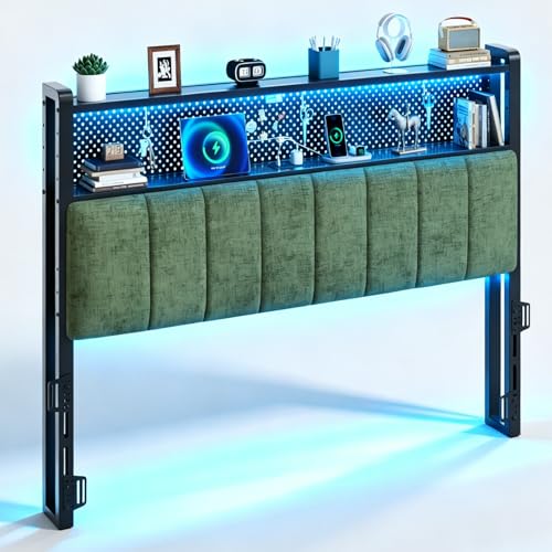 Image of VINGLI Chenille Green Upholstered Bookcase Headboard Only Full Size Height Adjustable Headboard with 2 Tier Shelves, LED Lights and Charging Station for Bed, Bedside Storage
