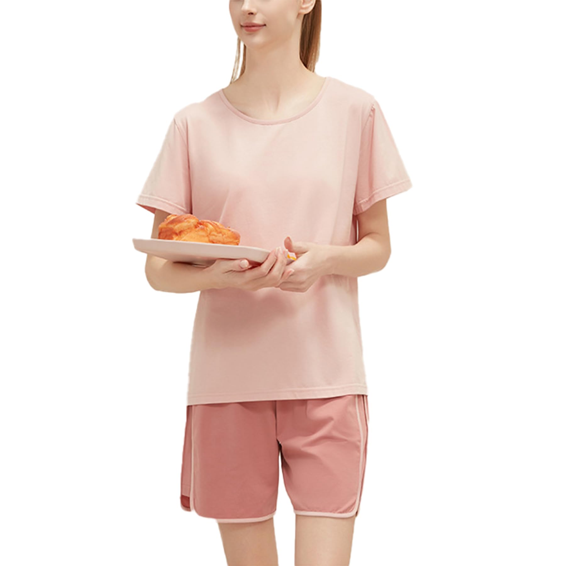 Generic Damska 2-częściowa piżama letnia cienka dzianina czysta bawełniana piżama okrągły dekolt krótkie spodenki z krótkim rękawem,Light pink,L