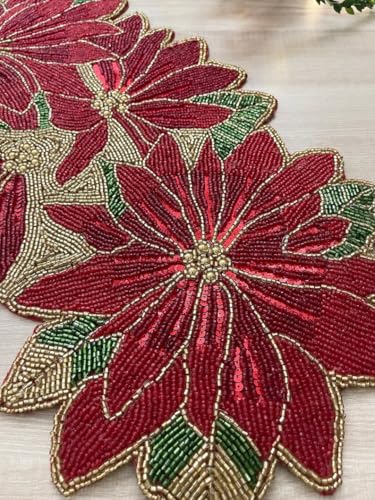 Image of MFU - Made For You Handmade Beaded Table Runner, Red Flower Design, 13 x 36 Inch | Decorative Rectangular Table Runner for Dining Table, Center Table & Home Decor