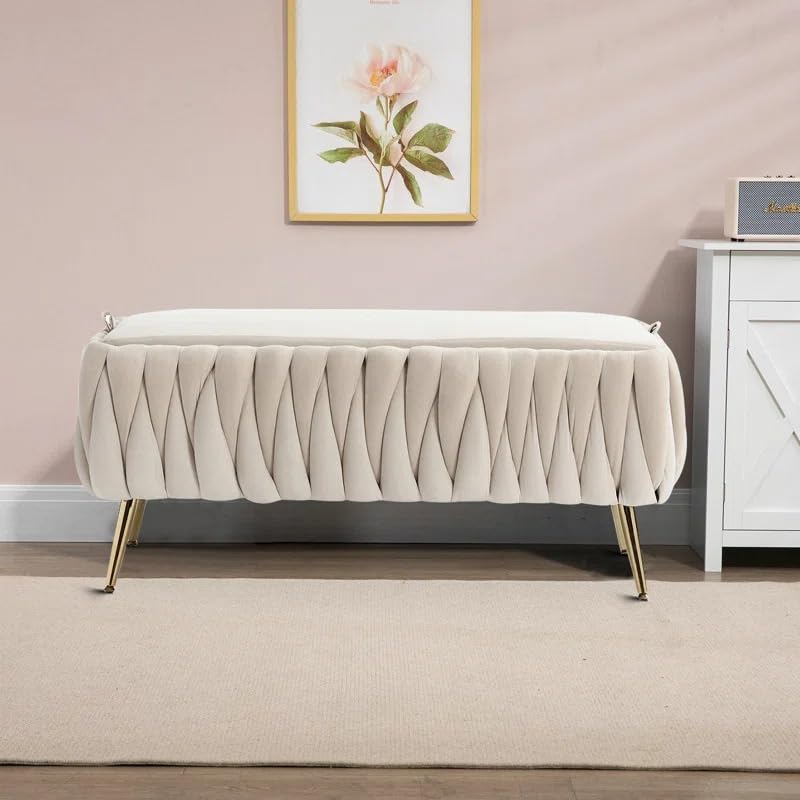 Renelso Velvet Upholstered Storage Bench for Living Room Velvet Chest for Sofa Couch Bedroom Entryway Ottoman (Beige)-image-37