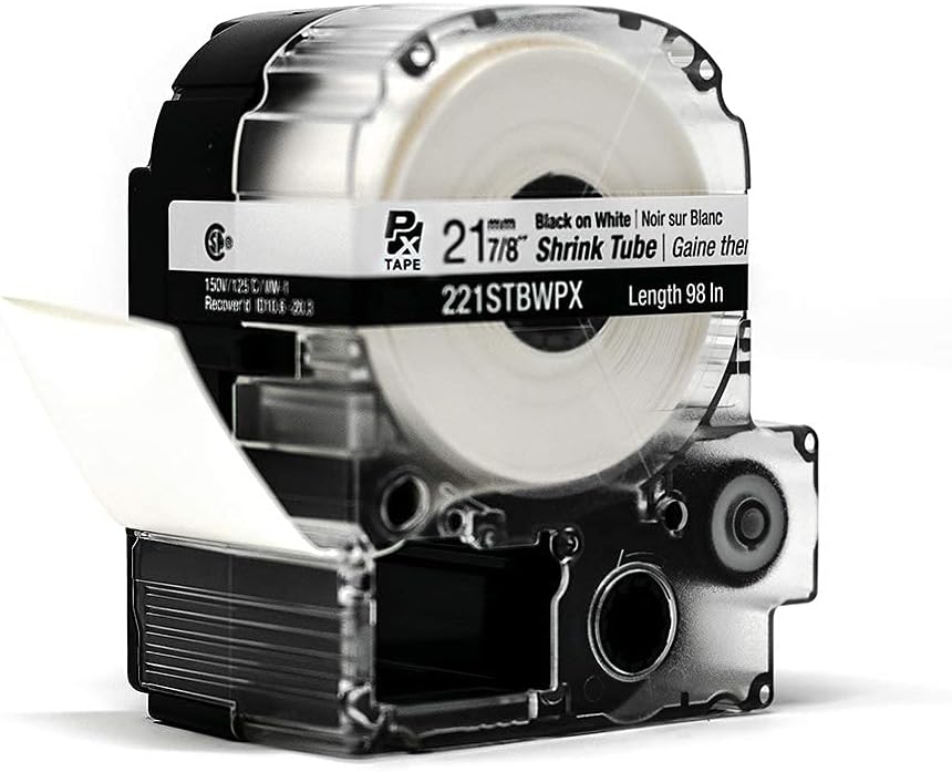 Epson LABELWORKS 221STBWPX Tape Cartridge - Black on White Shrink Tube Industrial Label Maker Tape - AWG 0000-1, 7/8" (21MM) Wide, 8 ft (96")